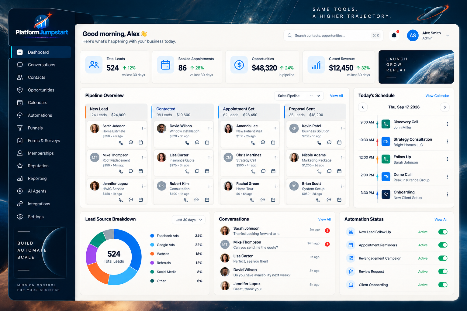 PlatformJumpstart CRM dashboard showing leads, appointments, opportunities, conversations, and automation status